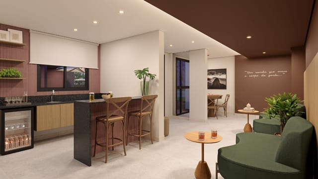 Espaço gourmet interno com bancada, banquetas e adega do Residencial Dona Ivone Lara, no Santo Cristo