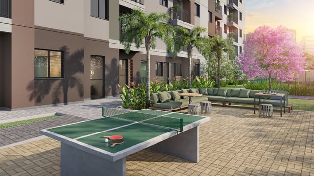 Praça com mesa de ping-pong e lounge externo do Residencial Dona Ivone Lara, no Santo Cristo