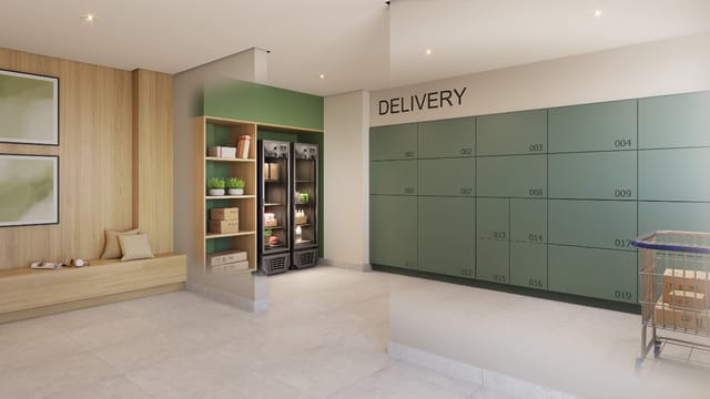 Hall de delivery com armários para encomendas e geladeiras do Residencial Dona Ivone Lara, no Santo Cristo