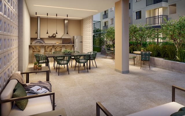 Espaço gourmet aberto para o jardim do Caminhos da Guanabara, em Niterói
