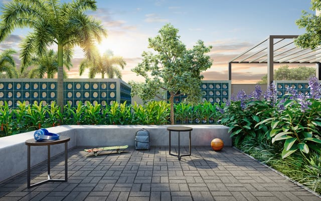 Deck de convivência ao entardecer do Ciata Residencial, no Porto Maravilha
