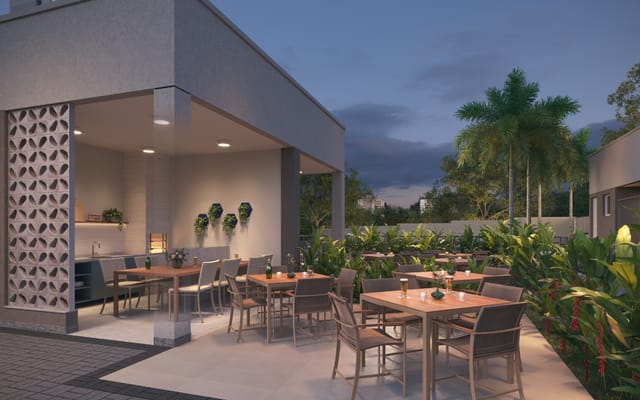 Terraço gourmet ao entardecer do Parque Piedade, em Piedade